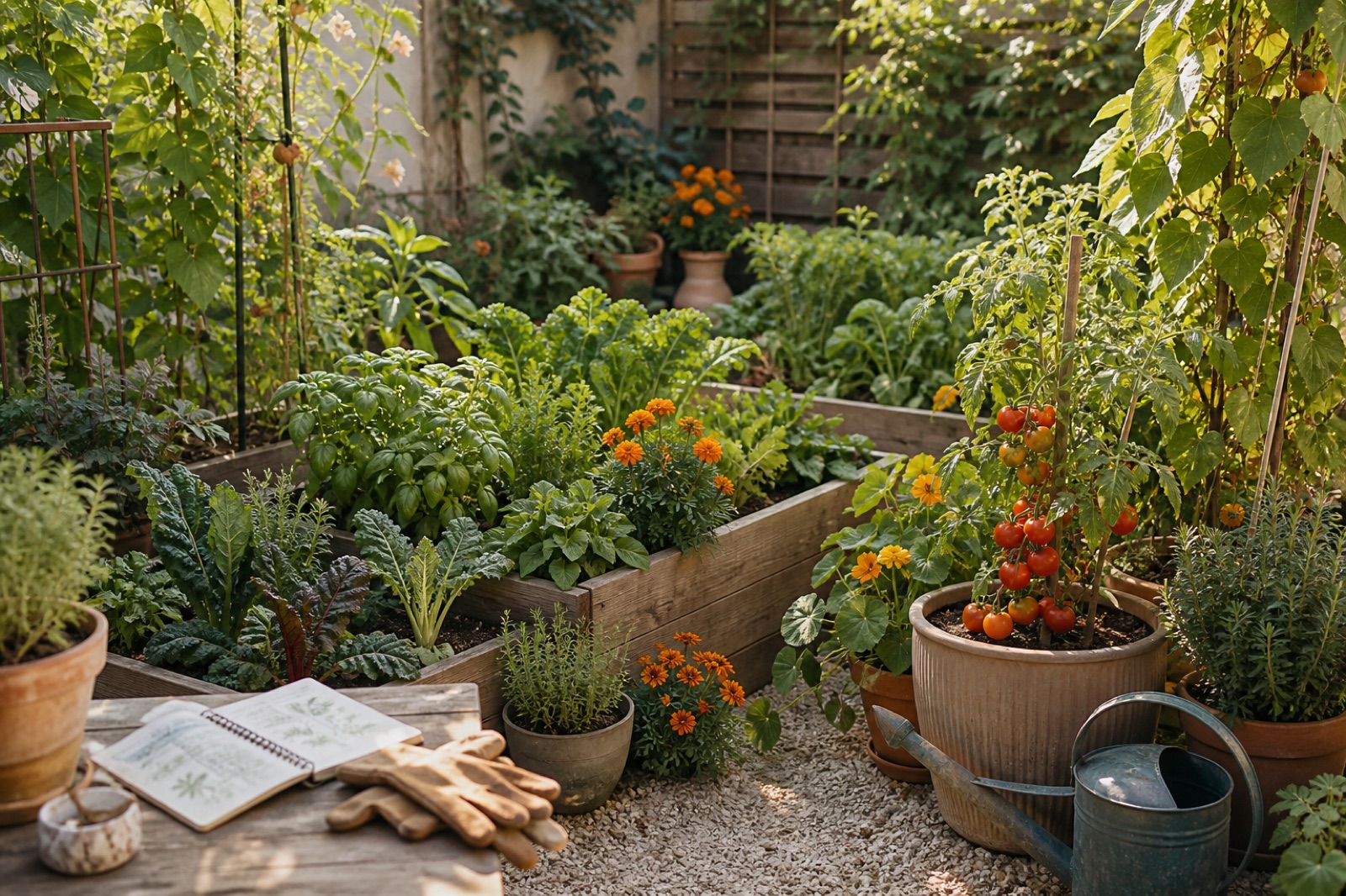A lush raised-bed and container garden